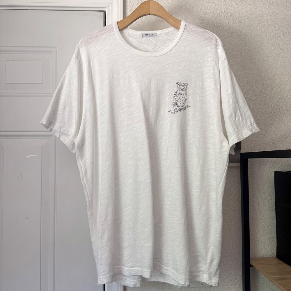 HIRO CLARK white owl graphic semi sheer cotton slub knit crew neck tee t-shirt